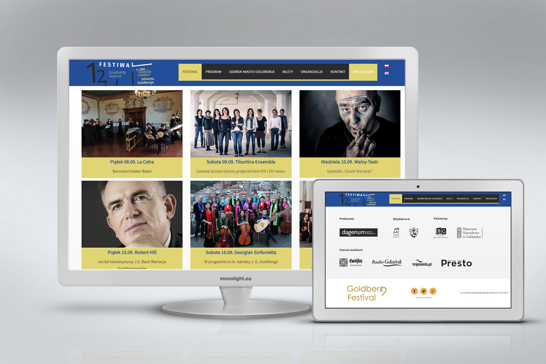Prezentacja strony internetowej i aplikacji mobilnej festiwalu muzycznego na monitorze i tablecie, z elementami graficznymi i informacjami o wydarzeniach.