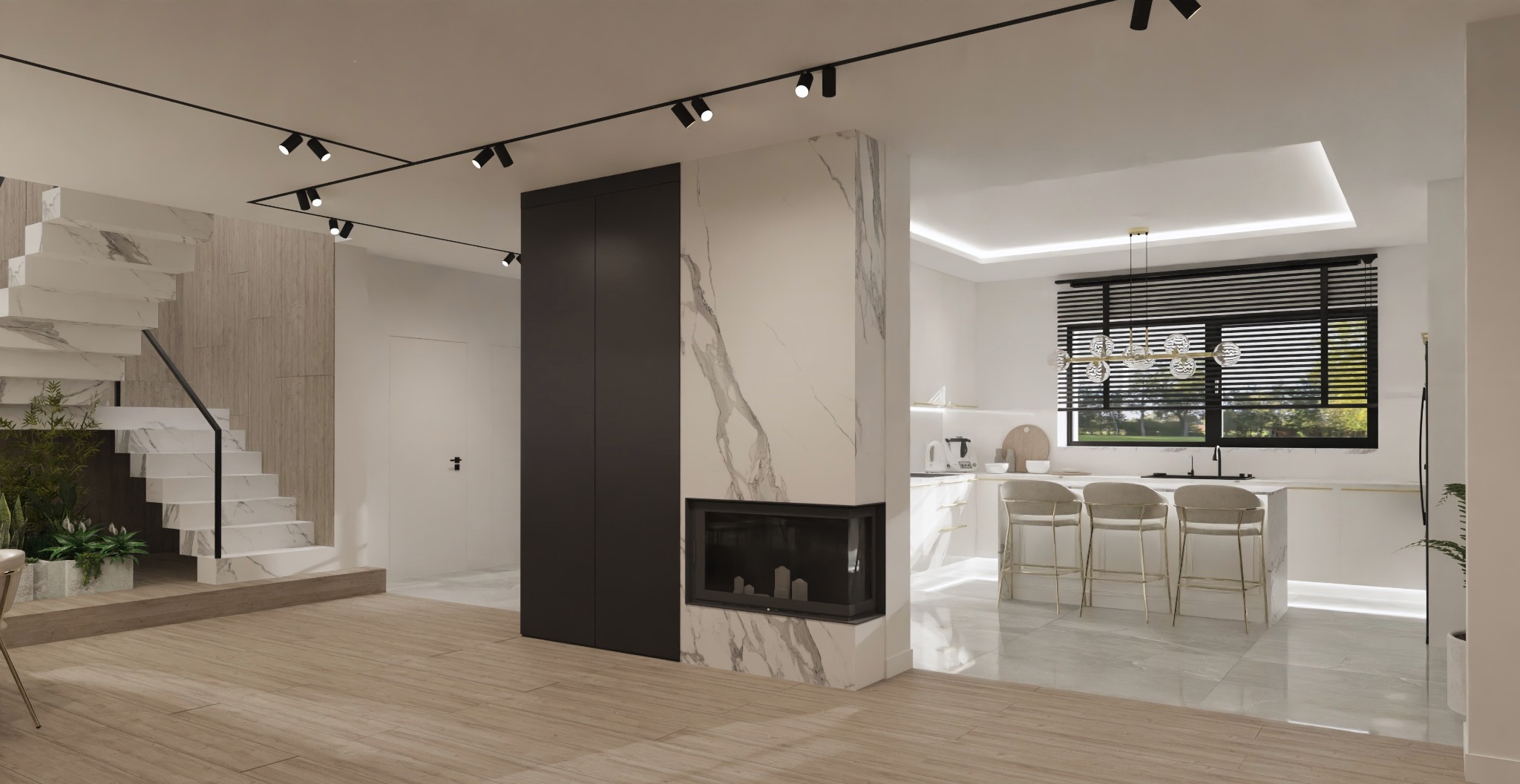 Elegancki salon z marmurowymi schodami i kominkiem w Łodzi. Nowoczesne oświetlenie punktowe i otwarta kuchnia z wyspą tworzą przestronne wnętrze.