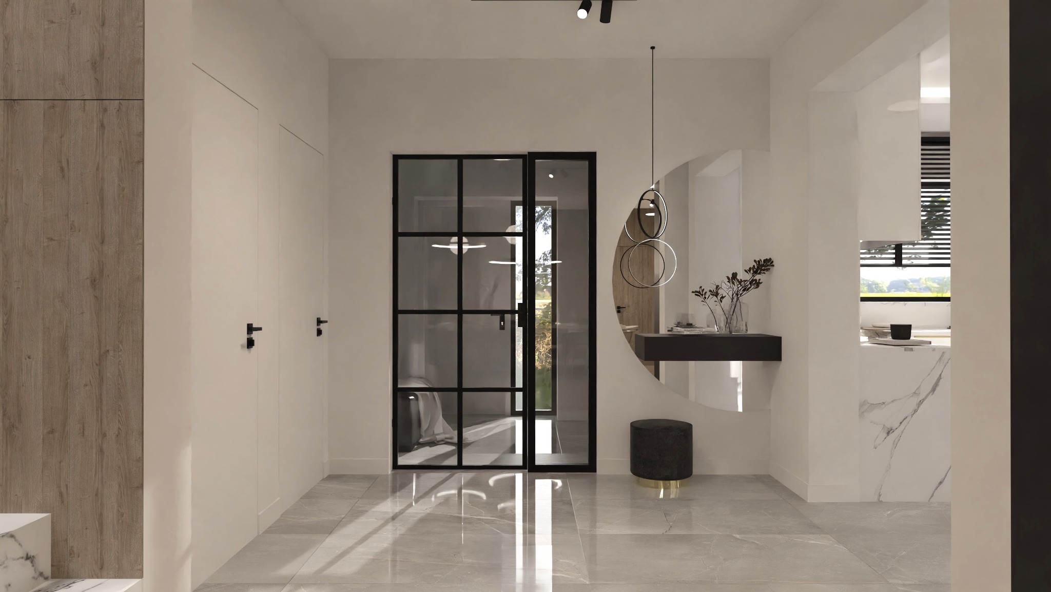 Nowoczesny hol z przesuwnymi drzwiami w czarnej ramie, lustrem w kształcie półkola i marmurową podłogą. Minimalistyczny design z elementami drewna i metalu.