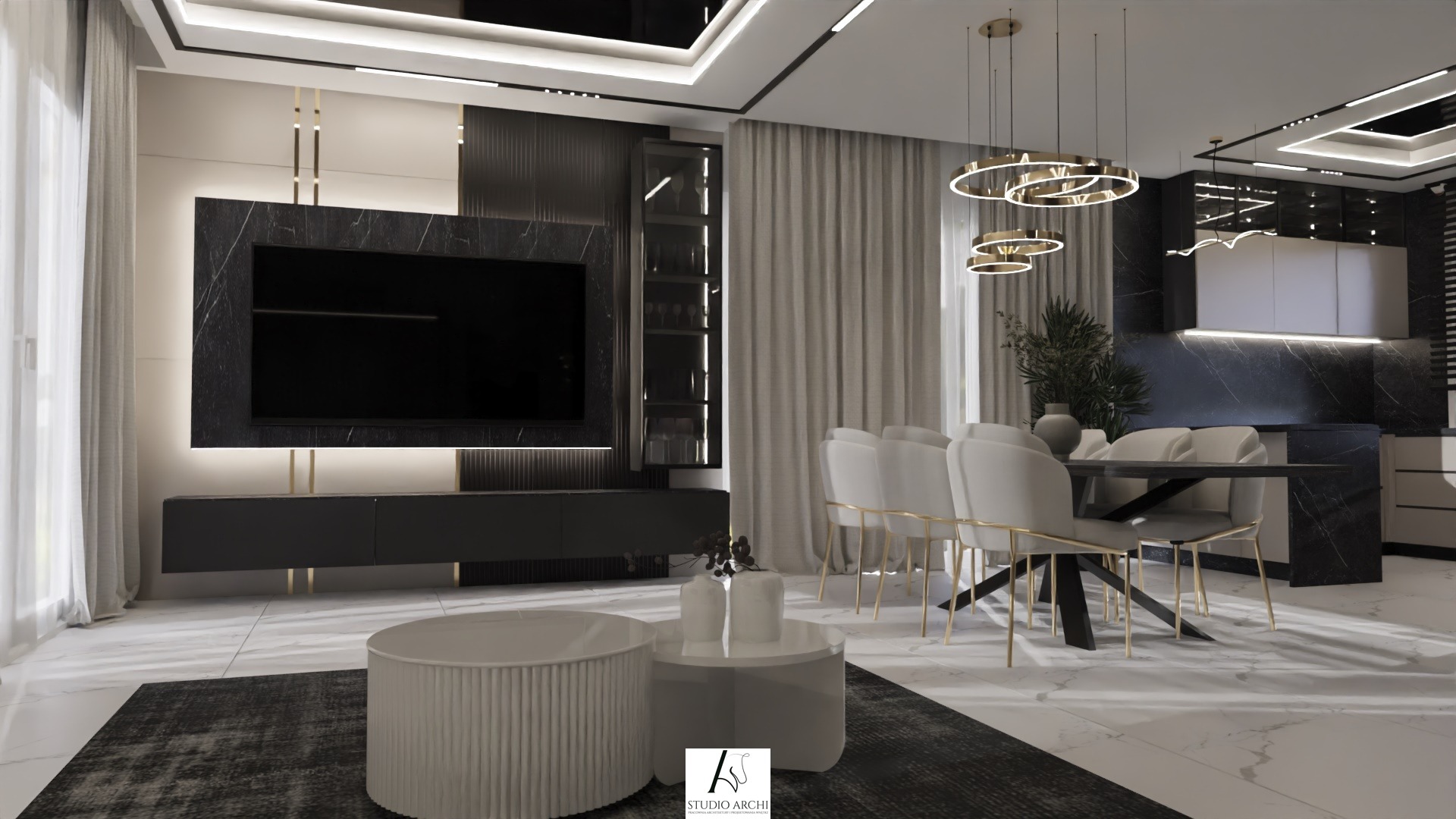 Elegancki salon z aneksem kuchennym w czerni i bieli, marmurowe akcenty, nowoczesne oświetlenie, stół z krzesłami i telewizor na ścianie.
