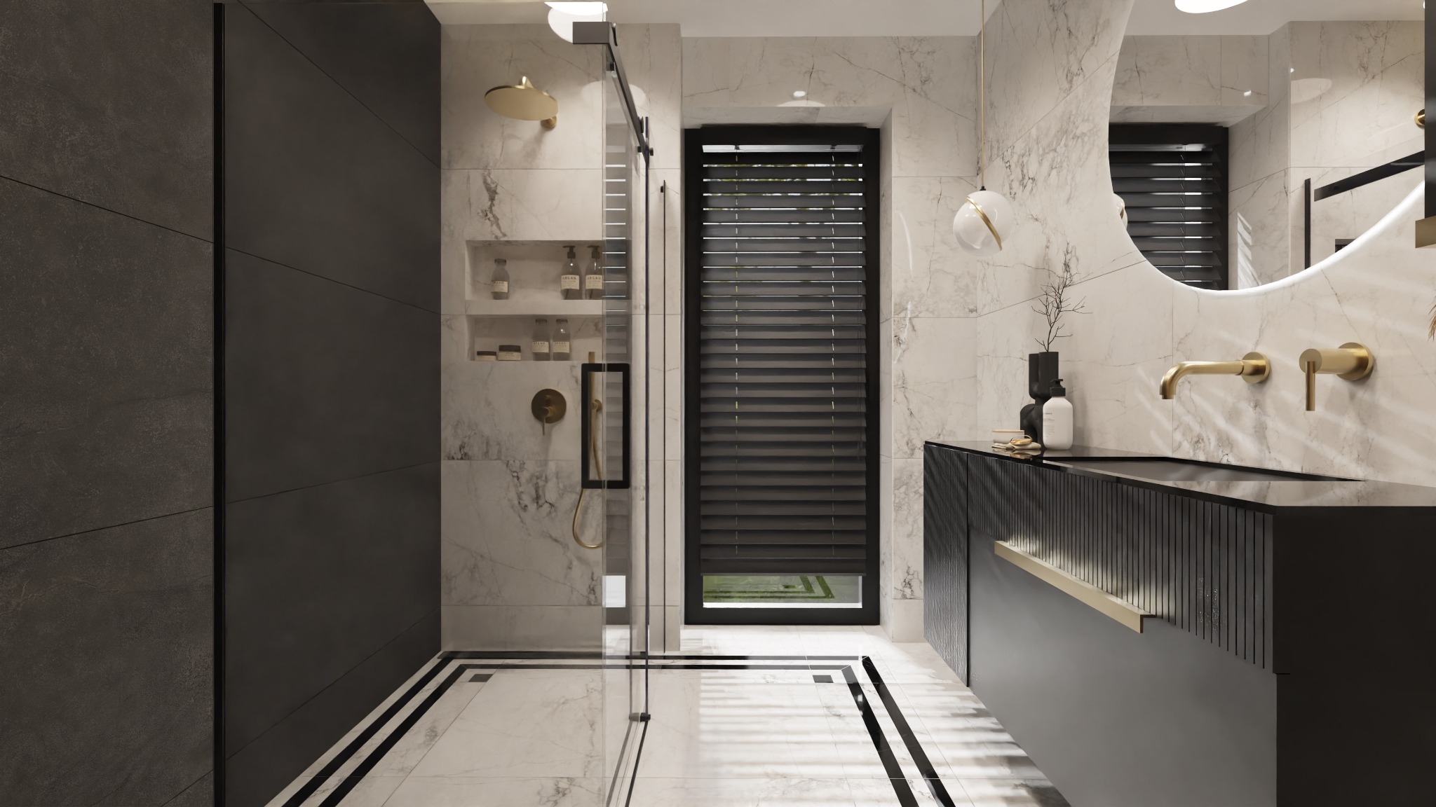 Nowoczesna łazienka z kabiną prysznicową typu walk-in, marmurowymi płytkami i czarną szafką pod umywalką z akcentami w kolorze złota.
