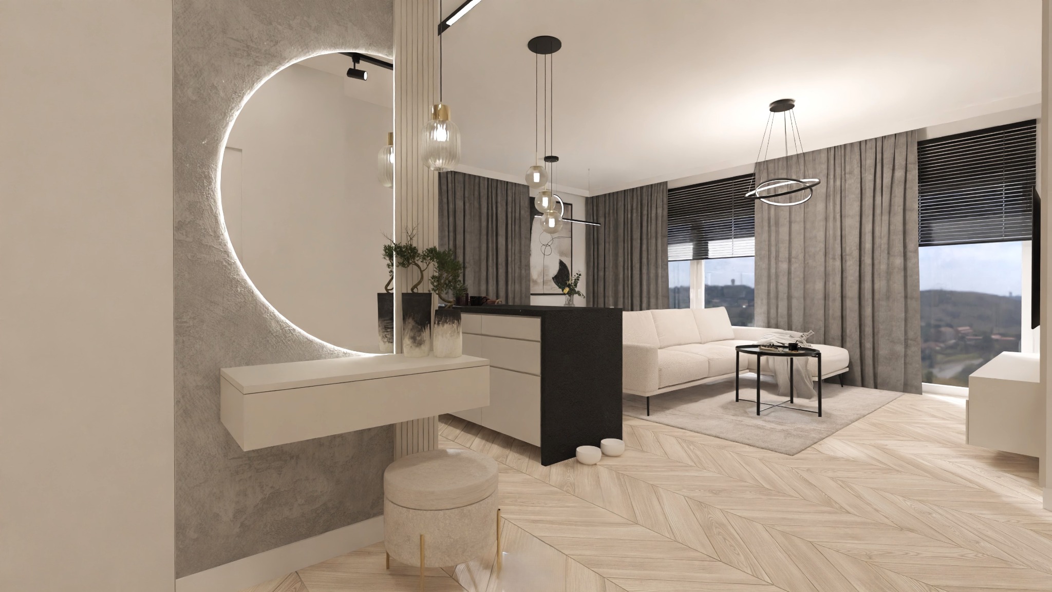 Elegancki salon z okrągłym lustrem LED, toaletką i pufą na tle jasnej podłogi w jodełkę. W tle sofa, stolik i okna z zasłonami.