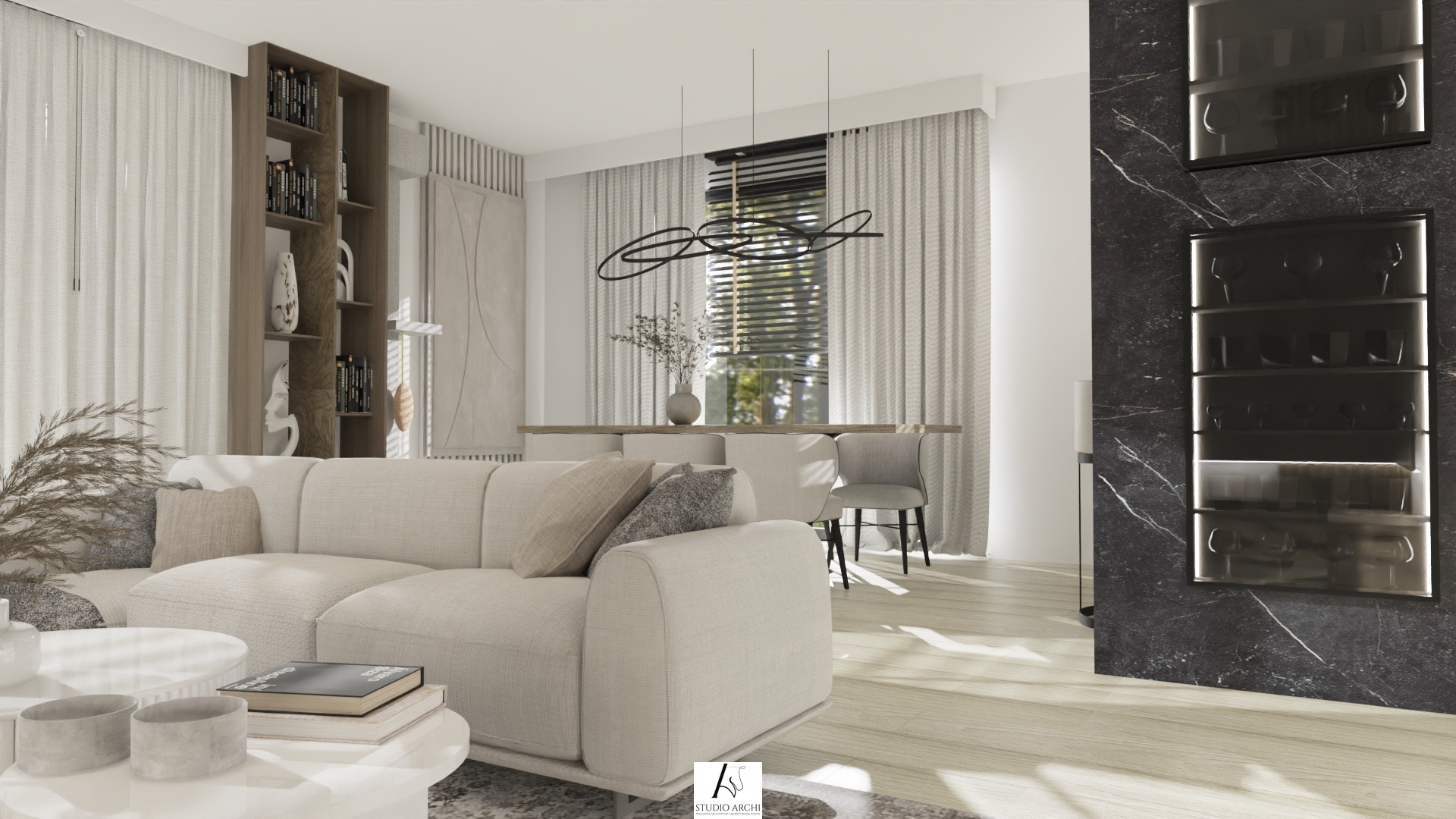 Jasny salon z sofą, regałem i jadalnią w tle. Minimalistyczny design, naturalne światło. Dekoracyjne oświetlenie i elementy wystroju dodają elegancji.