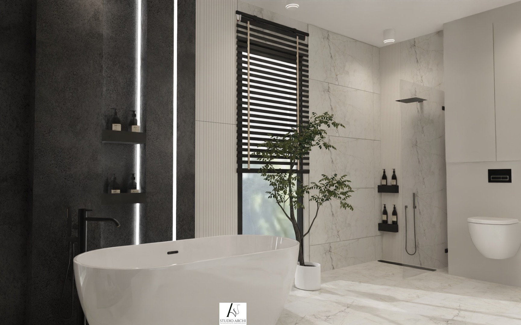 Nowoczesna łazienka z wolnostojącą wanną, marmurowymi płytkami i minimalistycznymi półkami. Roślina w doniczce dodaje naturalnego akcentu. Widoczne czarne akcenty.