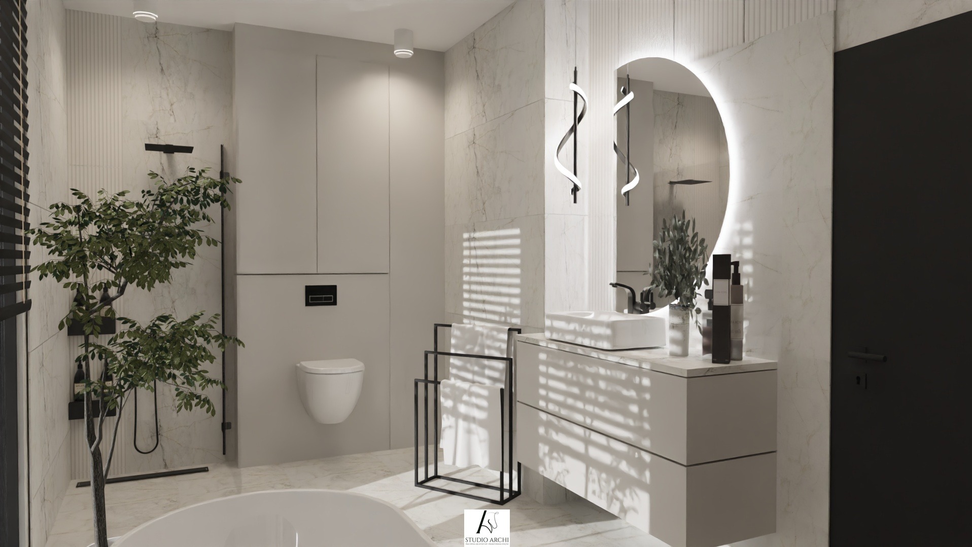 Elegancka łazienka z marmurowymi ścianami, owalnym lustrem z podświetleniem LED, nowoczesną umywalką i minimalistyczną toaletą podwieszaną.