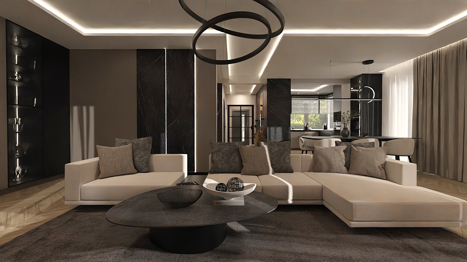 Elegancki salon z narożną sofą w odcieniach beżu, okrągłym stolikiem kawowym i nowoczesnym oświetleniem. Widok na otwartą kuchnię w tle. Minimalistyczny design.