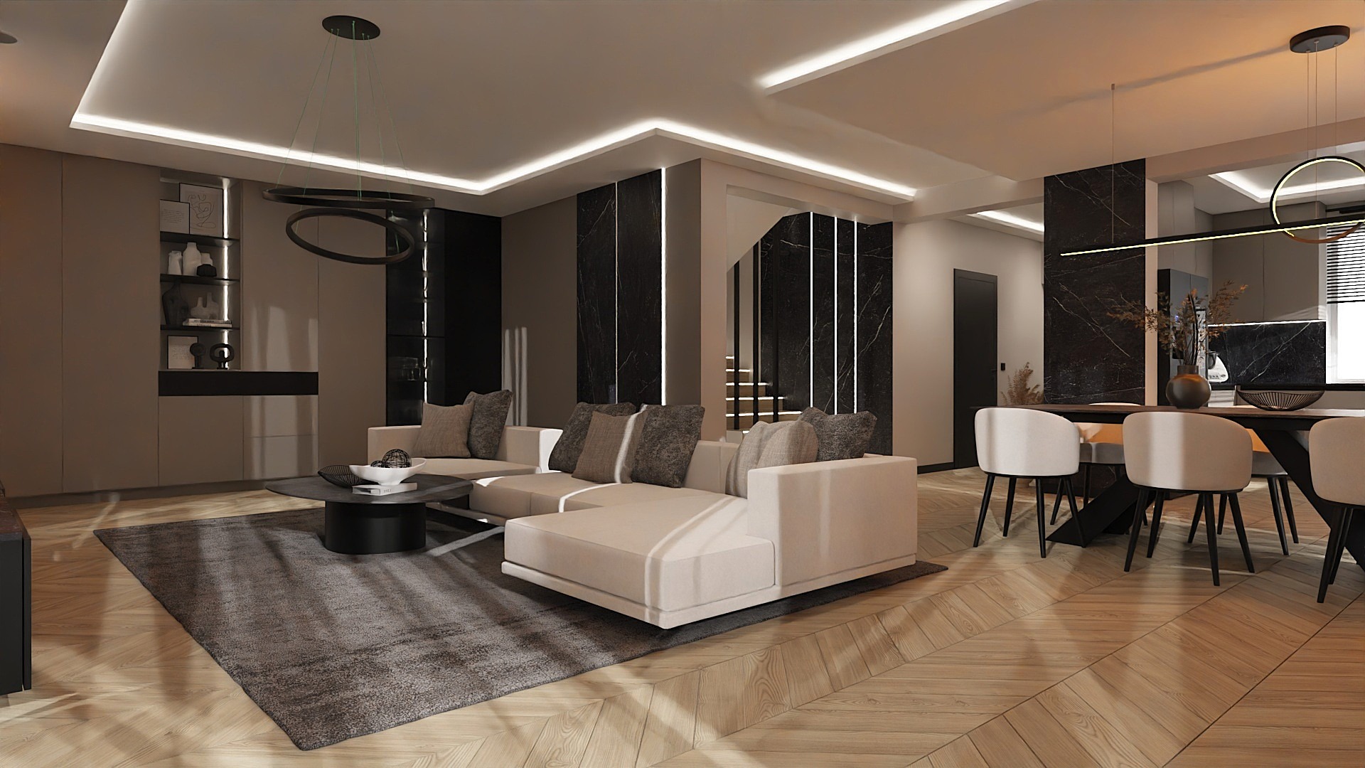 Nowoczesny salon z narożną sofą w odcieniach beżu, czarnym marmurem na ścianach i parkietem w jodełkę. Oświetlenie LED podkreśla minimalistyczny design.