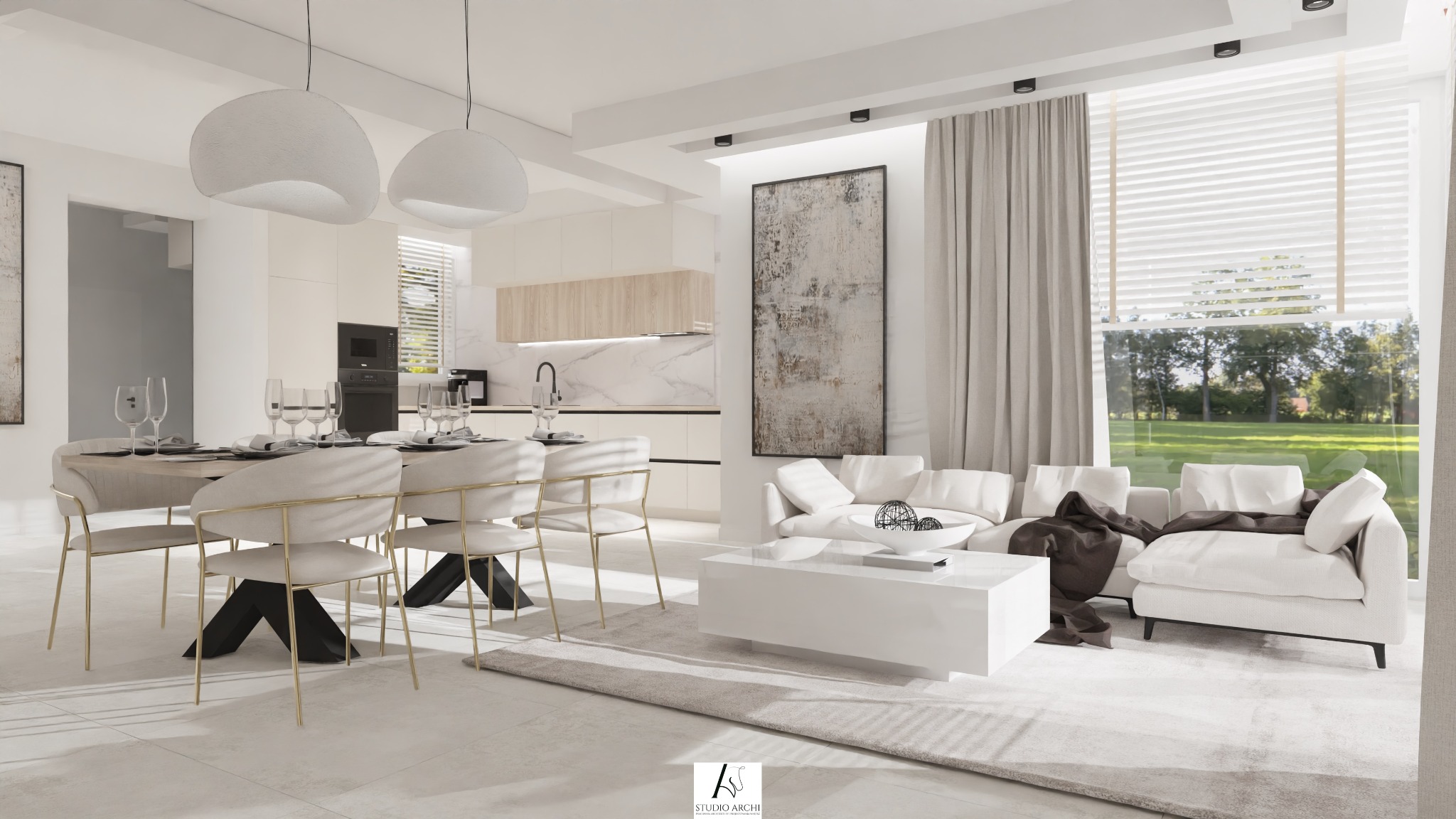 Jasne, przestronne wnętrze: jadalnia z nowoczesnym stołem i krzesłami, otwarta na salon z białą sofą i widokiem na zieleń za oknem. Minimalistyczny design z akcentami drewna.