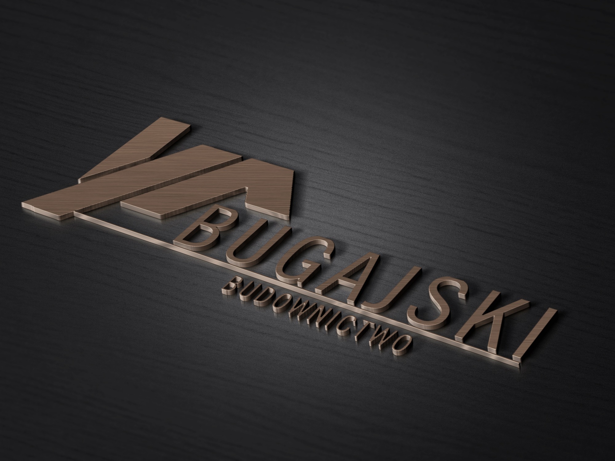 Eleganckie logo firmy budowlanej Bugajski na ciemnym, drewnianym tle, render 3D z efektem metalu szczotkowanego.
