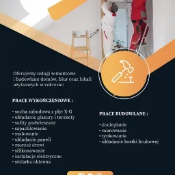 Grafika reklamowa firmy remontowej z Opola, prezentująca dwóch pracowników w trakcie montażu sufitu podwieszanego, z listą oferowanych usług wykończeniowych i budowlanych oraz danymi kontaktowymi.