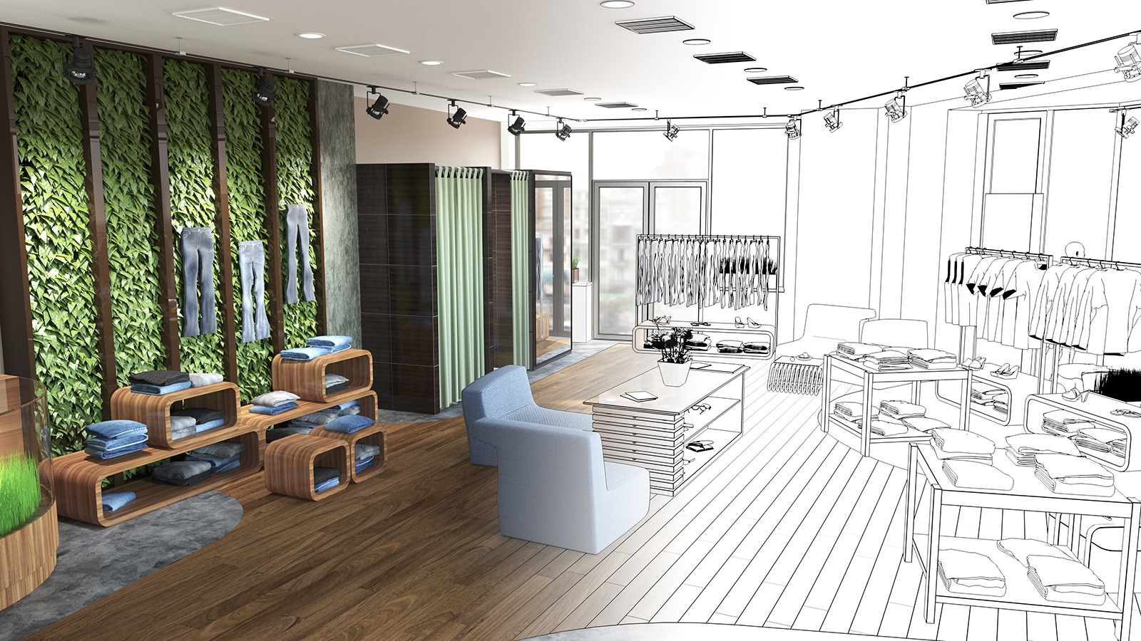 Projekt aranżacji wnętrza sklepu odzieżowego: część w kolorze, część w formie szkicu. Widoczna ściana z zielenią, ubrania, drewniane regały, przymierzalnie i meble wypoczynkowe.