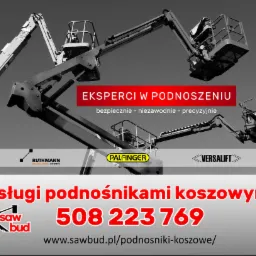 Czarno-biała grafika reklamowa prezentująca podnośniki koszowe firm Ruthmann, Palfinger i Versalift, z hasłem 'Eksperci w podnoszeniu' oraz danymi kontaktowymi firmy Sawbud.