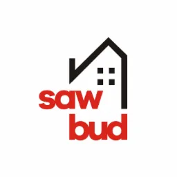 Logo firmy budowlanej SAW BUD z minimalistycznym symbolem domu w kolorze czarnym i czerwonym napisem.