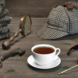 Martwa natura detektywistyczna: lupa, fajka, czapka Sherlocka Holmesa, klucz, filiżanka herbaty i stos starych książek na drewnianym stole.