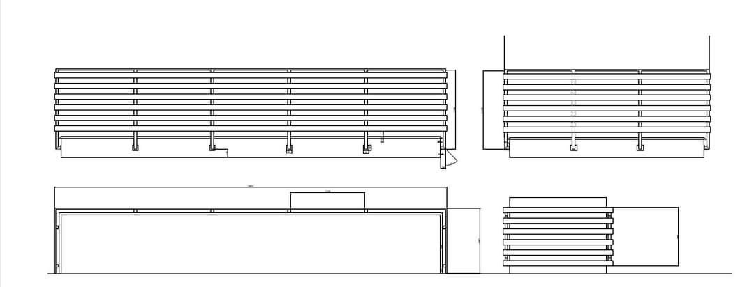 Techniczny rysunek z rzutami balustrady z poziomych profili, widok z przodu i z boku.