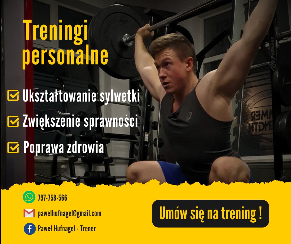 Mężczyzna w trakcie przysiadu ze sztangą nad głową, widoczny w siłowni, plakat reklamowy z hasłami o kształtowaniu sylwetki i poprawie zdrowia.