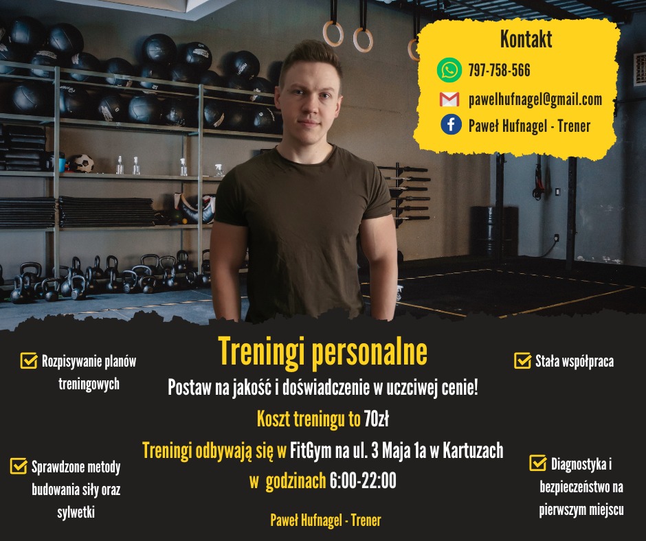 Mężczyzna w sportowej sylwetce na tle siłowni z półkami pełnymi sprzętu do ćwiczeń, prezentujący ofertę treningów personalnych z informacjami kontaktowymi i hasłami reklamowymi.