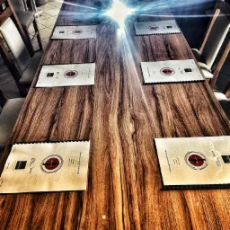 Długi stół z blatem z ciemnego drewna, nakryty dla kilku osób, z widocznymi kartami menu lub materiałami szkoleniowymi z logo i napisem 'Podstawowe Szkolenie Kelnerskie'. W tle widoczny kubek...