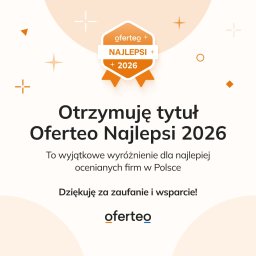 JANUS Finanse Kamil Janus - Grafika z logotypem Oferteo Najlepsi 2026, informująca o otrzymaniu tytułu i dziękująca za zaufanie. Jasne tło z pomarańczowymi akcentami i napisem o wyróżnieniu dla firm.