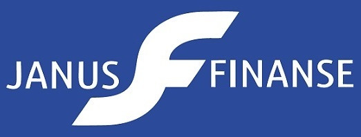 Logo firmy Janus Finanse na niebieskim tle, z białym symbolem stylizowanej litery 'F' łączącej oba słowa.