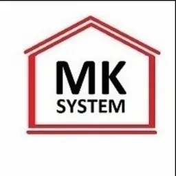 Logo firmy MK System w czerwonej obwódce przypominającej kształtem dom.