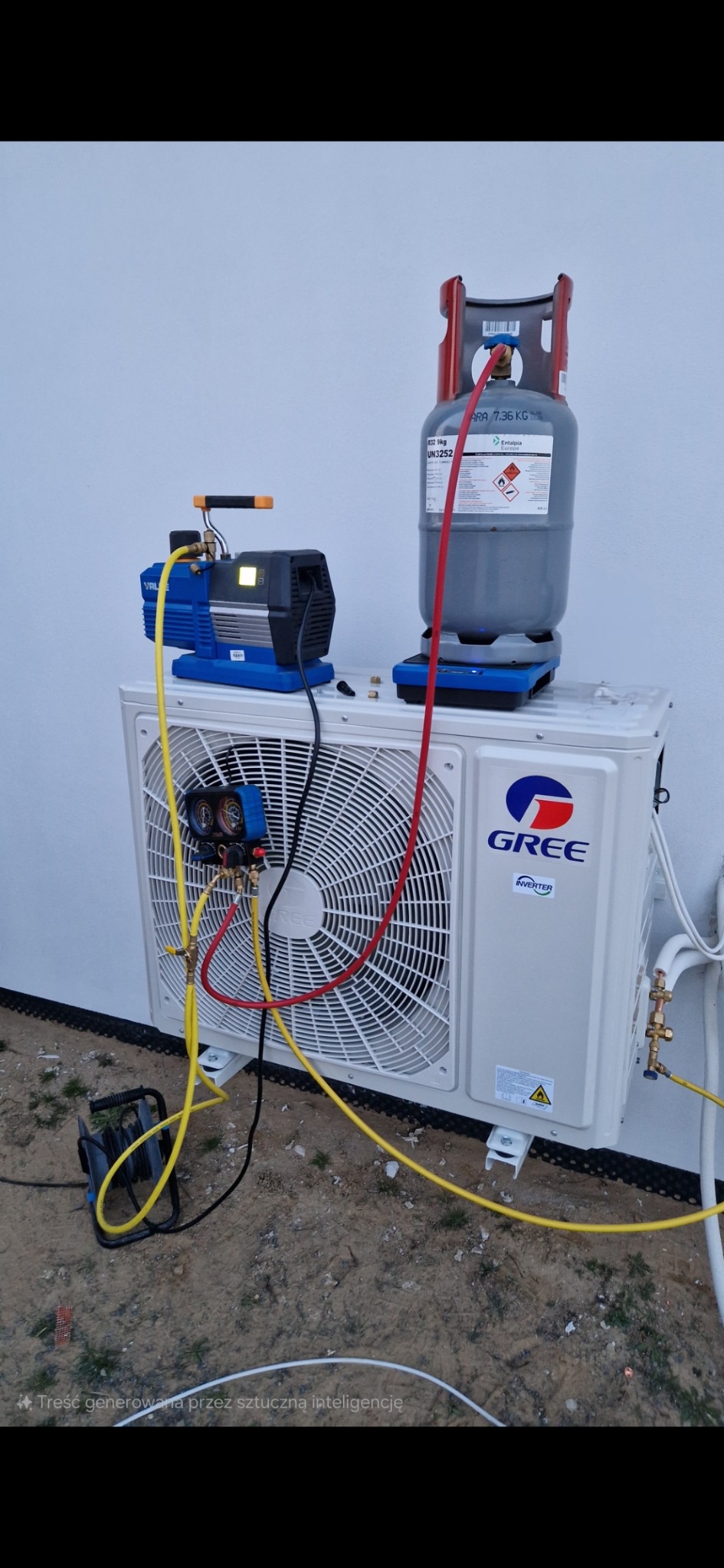 Biała jednostka zewnętrzna klimatyzacji Gree z podłączonymi narzędziami serwisowymi: manometrami, pompą próżniową i butlą z czynnikiem chłodniczym R32. Widoczne przewody i złączki.