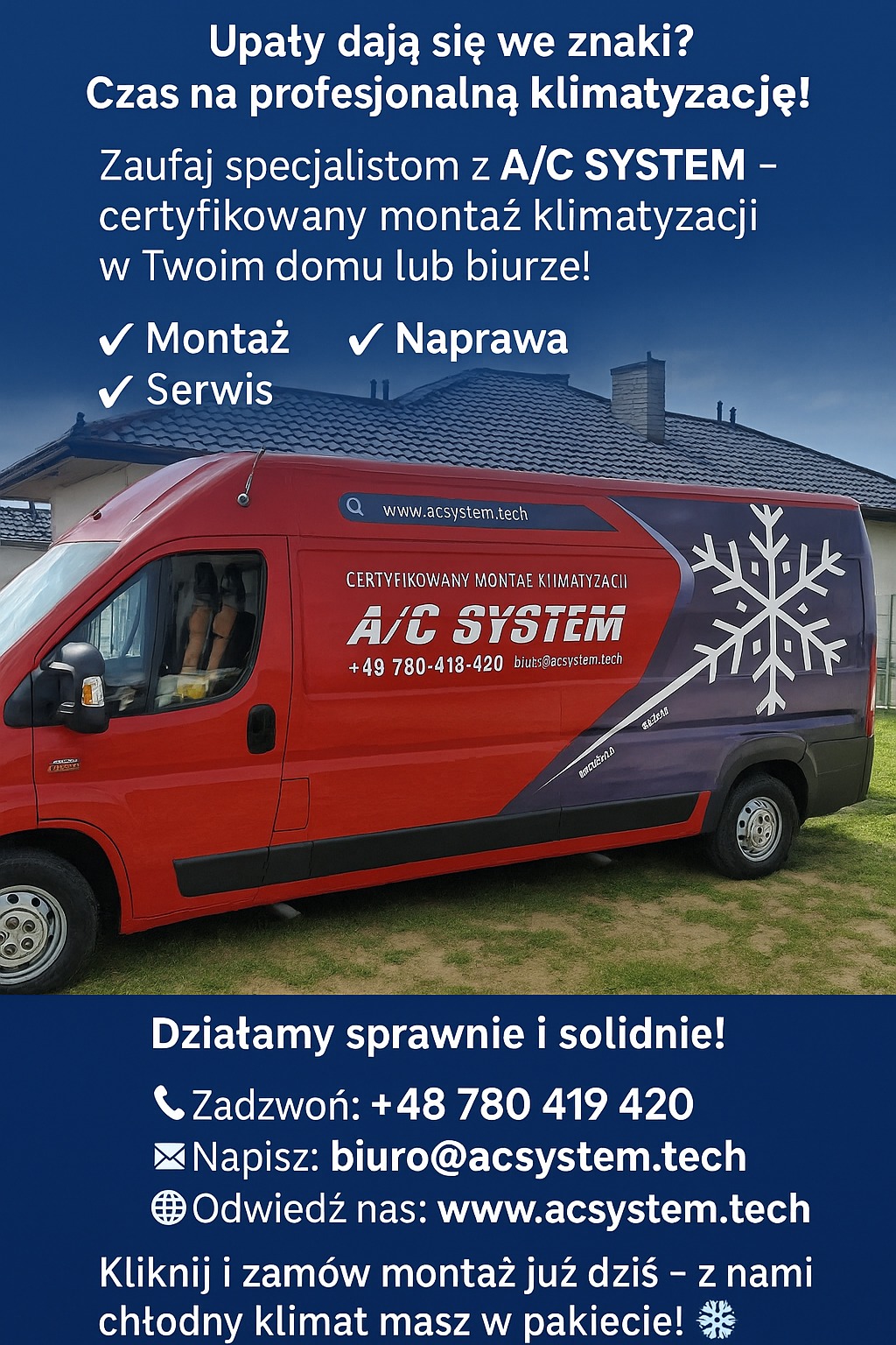 Czerwony van A/C System z logo i informacjami kontaktowymi na tle domu. Oferta: montaż, serwis i naprawa klimatyzacji.