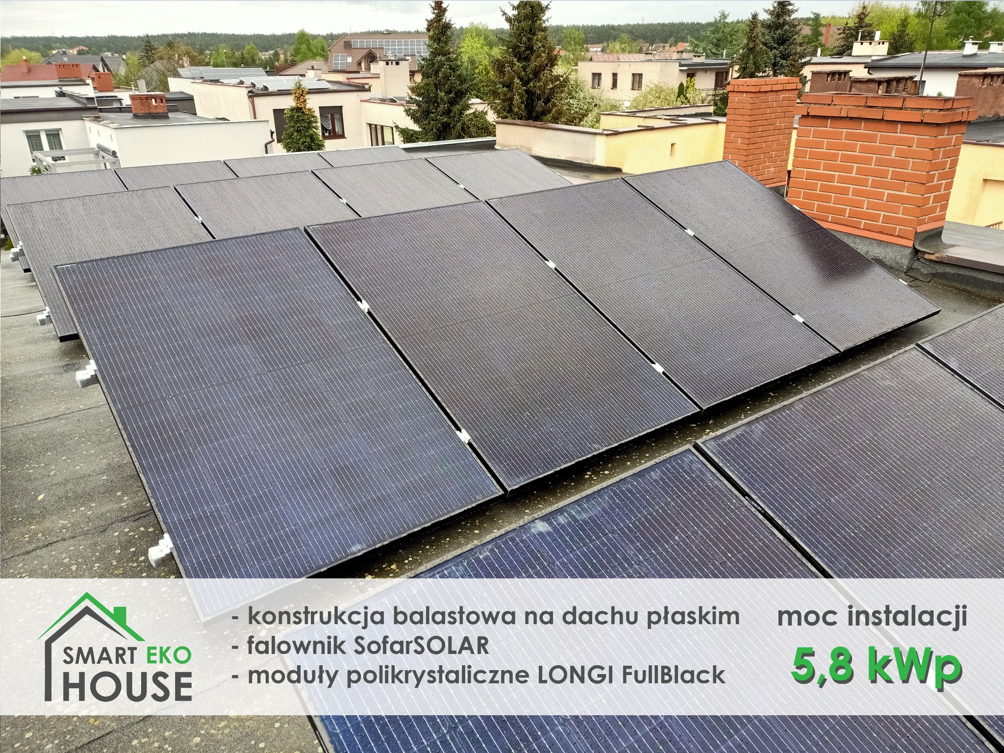 Panele fotowoltaiczne polikrystaliczne LONGi FullBlack na balastowej konstrukcji na płaskim dachu, widok z góry, w tle zabudowa jednorodzinna.