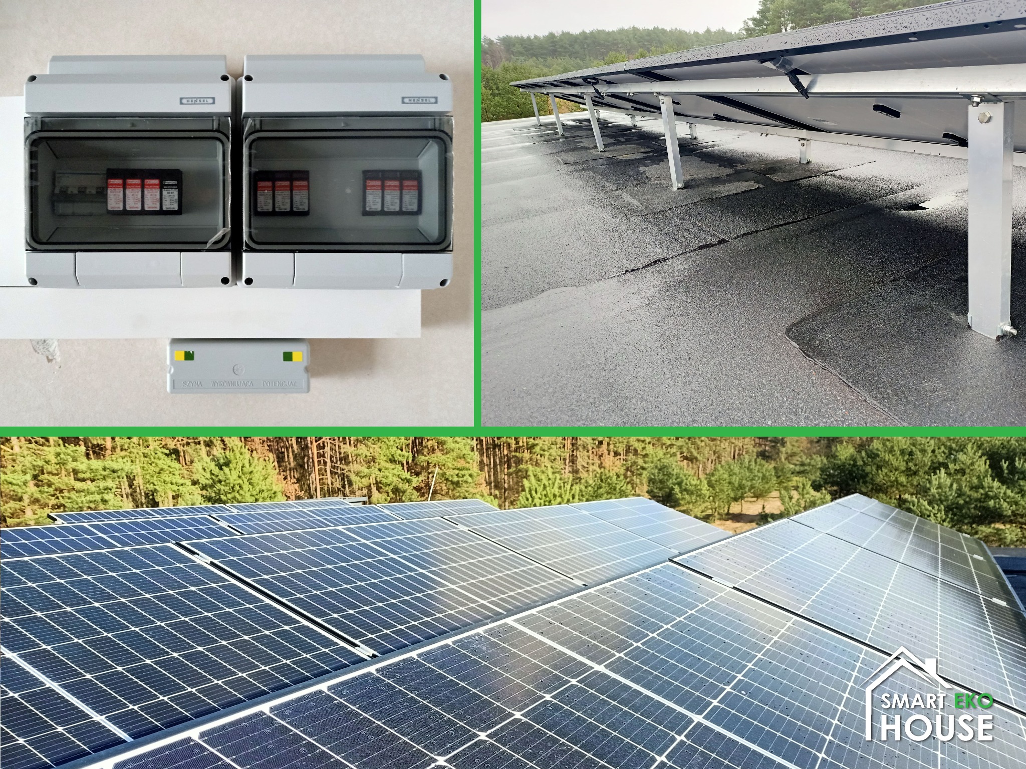 Rozdzielnice elektryczne w szarych obudowach, widok od spodu na konstrukcję wsporczą paneli fotowoltaicznych na dachu pokrytym papą oraz widok z góry na panele fotowoltaiczne z lasem w tle.