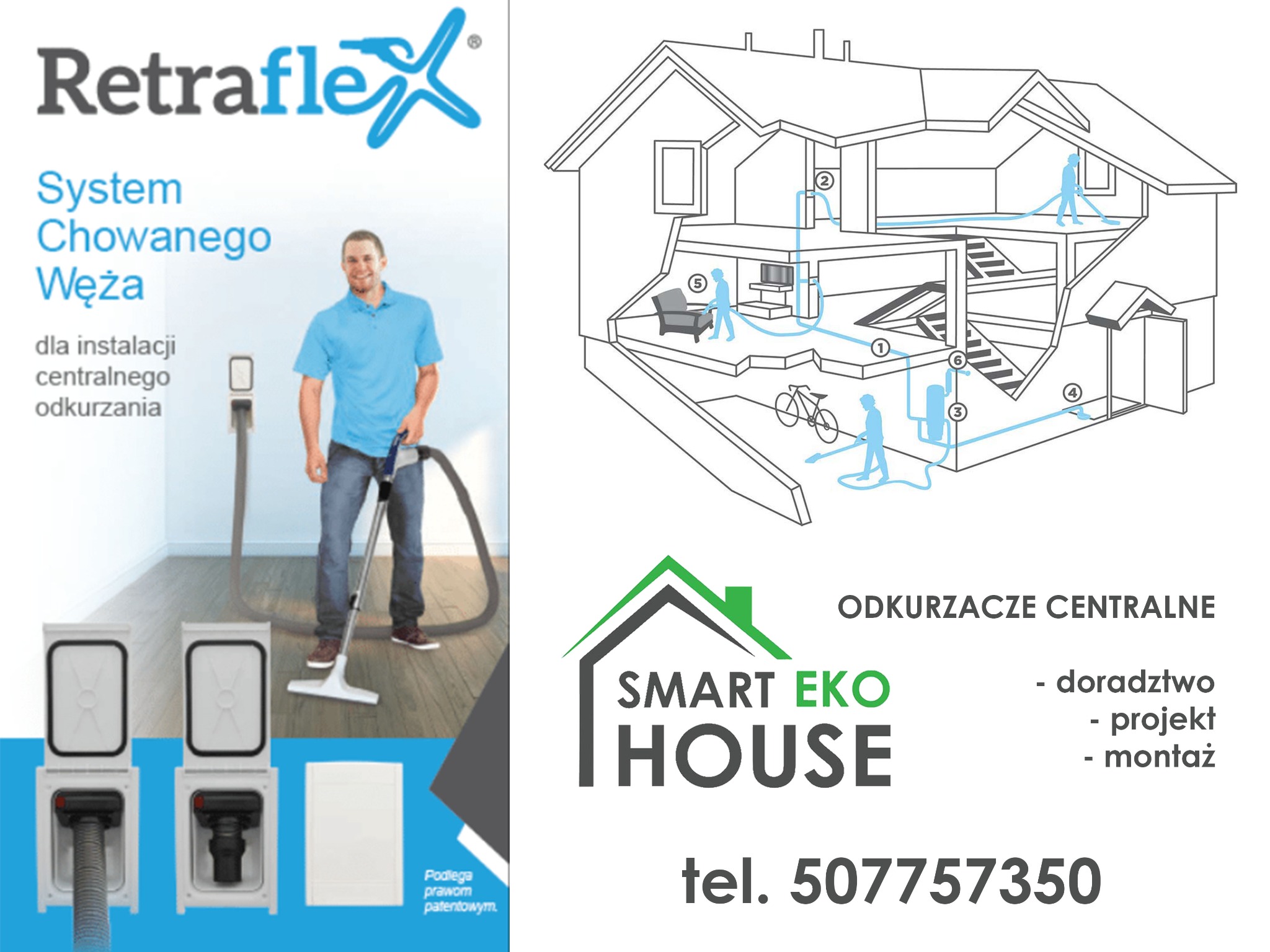 Reklama systemu centralnego odkurzania z chowanym wężem, schemat instalacji w przekroju domu oraz prezentacja gniazd ssących i użytkownika z odkurzaczem.