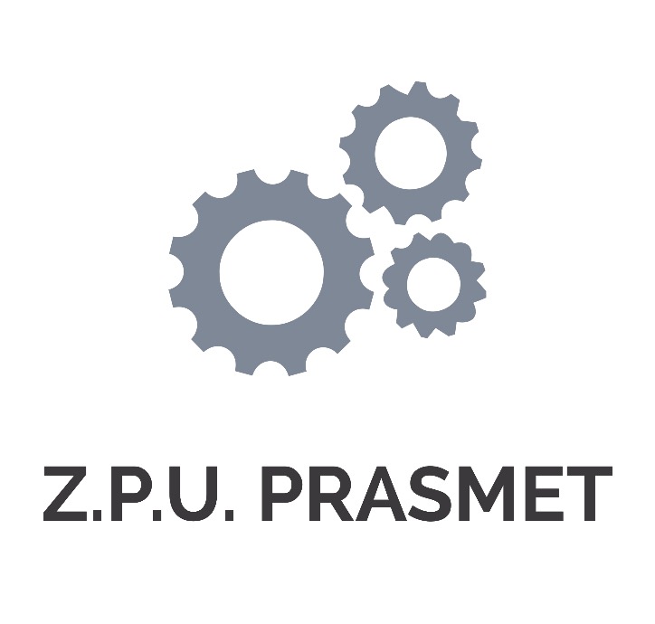 Logo firmy Z.P.U. PRASMET z trzema szarymi kołami zębatymi na białym tle.