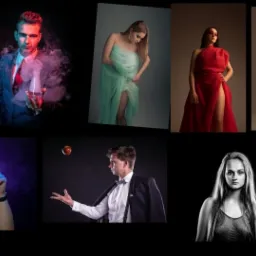 Kompozycja z ośmiu portretów studyjnych: kobiety w zwiewnych sukniach, mężczyzna z dymiącym naczyniem, iluzjonista z banknotem, żongler jabłkiem, portret dziewczyny w czerni, mężczyzna z laptopem...