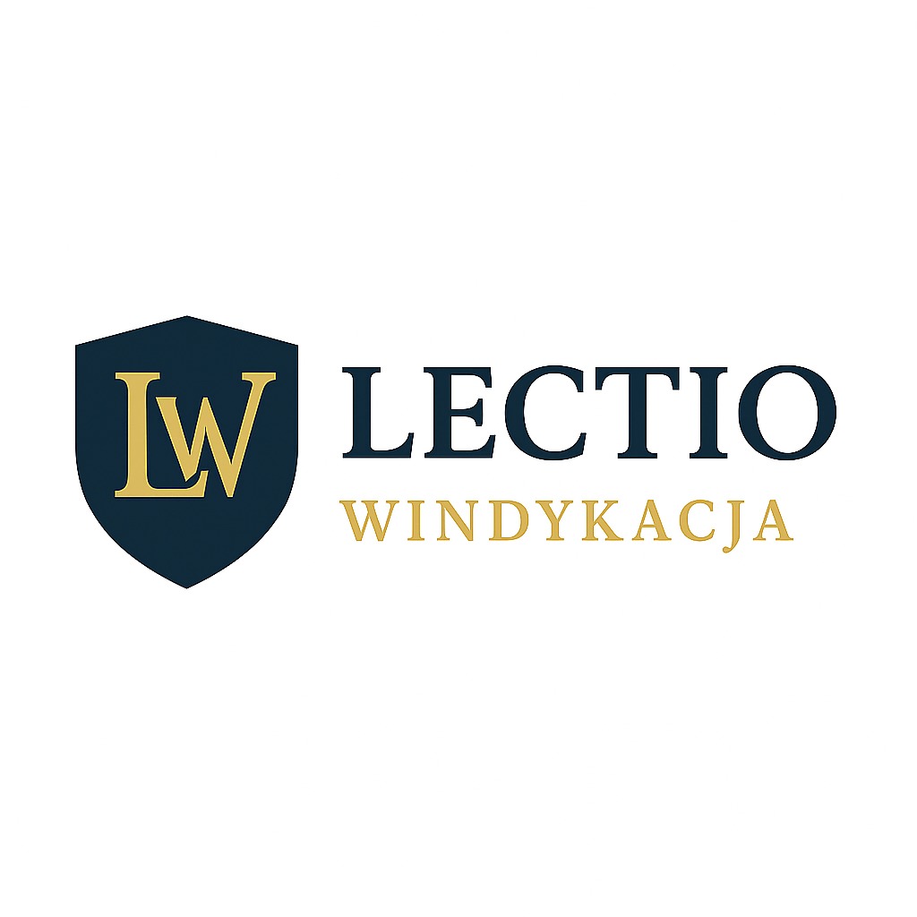 Logo firmy Lectio Windykacja: granatowa tarcza z literami LW, obok nazwa firmy i słowo 'Windykacja' w kolorze złotym na białym tle.