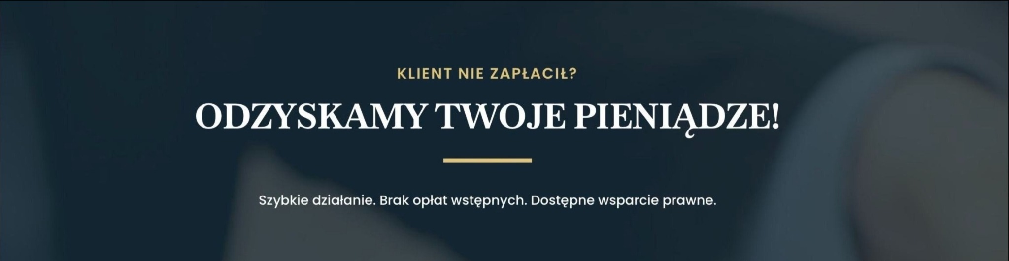 Grafika z hasłem 'Odzyskamy Twoje Pieniądze!' na ciemnym tle, informująca o szybkim działaniu, braku opłat wstępnych i dostępnym wsparciu prawnym.