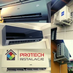 Kolaż zdjęć przedstawiający r&oacute;żne modele klimatyzator&oacute;w wewnętrznych i zewnętrznych, w tym modele Haier, Rotenso i AUX, z zamontowanymi jednostkami zewnętrznymi na elewacjach budynk&oacute;w i jednostkami...