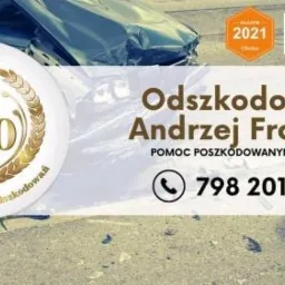 Wizytówka firmy odszkodowawczej Andrzej Frontczak z numerem telefonu na tle rozbitego samochodu po wypadku, logo ELO, nagrody i wyróżnienia.