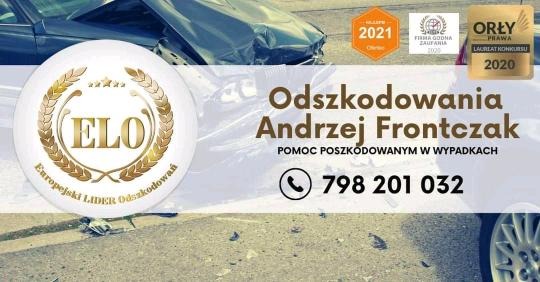 Wizytówka firmy odszkodowawczej Andrzej Frontczak z numerem telefonu na tle rozbitego samochodu po wypadku, logo ELO, nagrody i wyróżnienia.