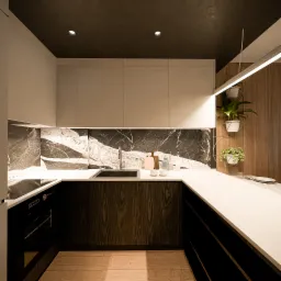 Nowoczesna kuchnia w odcieniach bieli, czerni i drewna, z blatem z białego konglomeratu, marmurowym backsplashiem i wiszącymi doniczkami z roślinami.