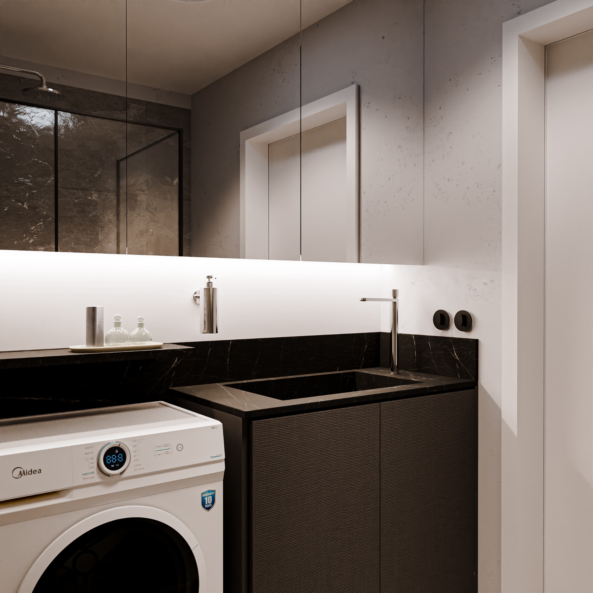 Nowoczesna łazienka z pralką Midea, umywalką z czarnym blatem imitującym marmur, lustrem z podświetleniem LED i minimalistyczną armaturą.