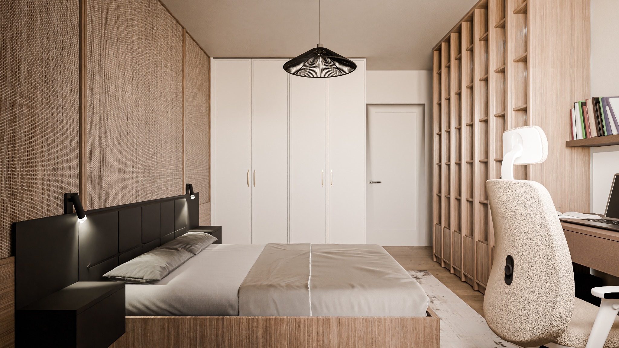 Nowoczesna sypialnia z łóżkiem z drewnianą ramą, tapetą imitującą tkaninę, białymi szafami w zabudowie, ażurowym regałem i biurkiem z laptopem.