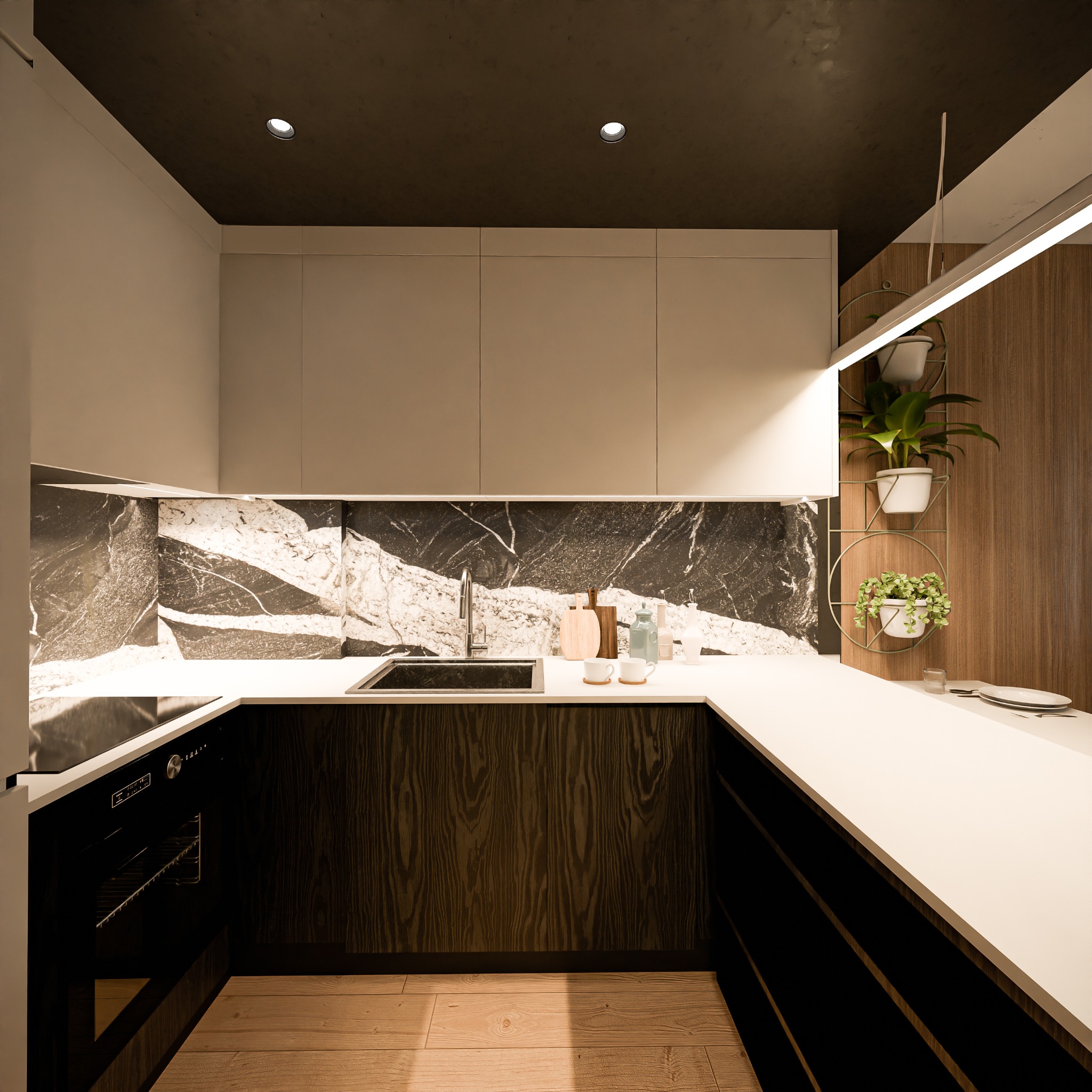 Nowoczesna kuchnia w odcieniach bieli, czerni i drewna, z blatem z białego konglomeratu, marmurowym backsplashiem i wiszącymi doniczkami z roślinami.