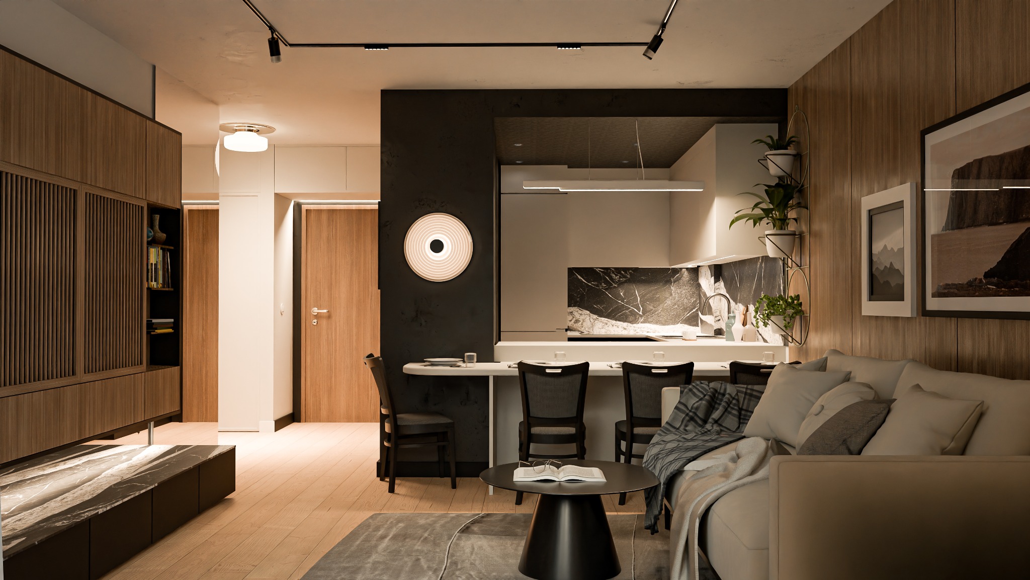 Wnętrze salonu z aneksem kuchennym w stylu nowoczesnym, z drewnianymi elementami, oświetleniem punktowym i dekoracyjnym, widok na sofę z poduszkami i kocem, stół kawowy z książką i okularami.