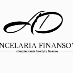 Logo Kancelarii Finansowej z stylizowanymi literami AD nad napisem, oferującej ubezpieczenia, kredyty i usługi finansowe.