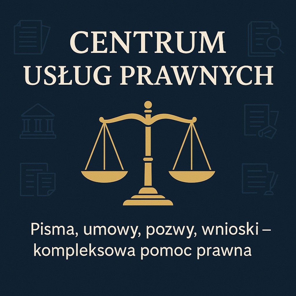 Grafika: złote wagi na ciemnym tle z ikonami dokumentów i tekstem 'Centrum Usług Prawnych' oraz 'Pisma, umowy, pozwy, wnioski - kompleksowa pomoc prawna'.