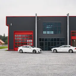 Dwa białe samochody zaparkowane przed nowoczesnym budynkiem z szarymi ścianami i czerwonymi bramami garażowymi.