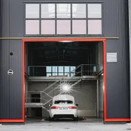 Biały samochód z otwartą maską w nowoczesnym warsztacie z szarą elewacją i czerwonymi bramami.