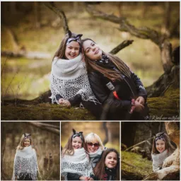 Dwie uśmiechnięte dziewczynki oparte o siebie na tle leśnego krajobrazu z jeziorkiem, jedna owinięta ażurowym szalem, druga w czarnej kurtce z naszywkami, w dolnej części kolaż z dodatkowymi ujęciami.