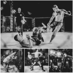 Czarno-biała kompozycja z walki MMA: zawodnik z tatuażami kopie leżącego przeciwnika, sędzia obserwuje akcję, dodatkowe ujęcia walki i zawodnika w dresie.