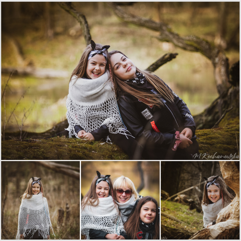 Dwie uśmiechnięte dziewczynki oparte o siebie na tle leśnego krajobrazu z jeziorkiem, jedna owinięta ażurowym szalem, druga w czarnej kurtce z naszywkami, w dolnej części kolaż z dodatkowymi ujęciami.