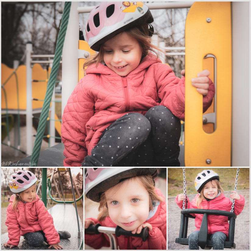 Kolaż ze zdjęć małej dziewczynki w kasku, ubranej w różową kurtkę, bawiącej się na placu zabaw, w tym ujęcie na huśtawce i z bliska z rowerkiem.